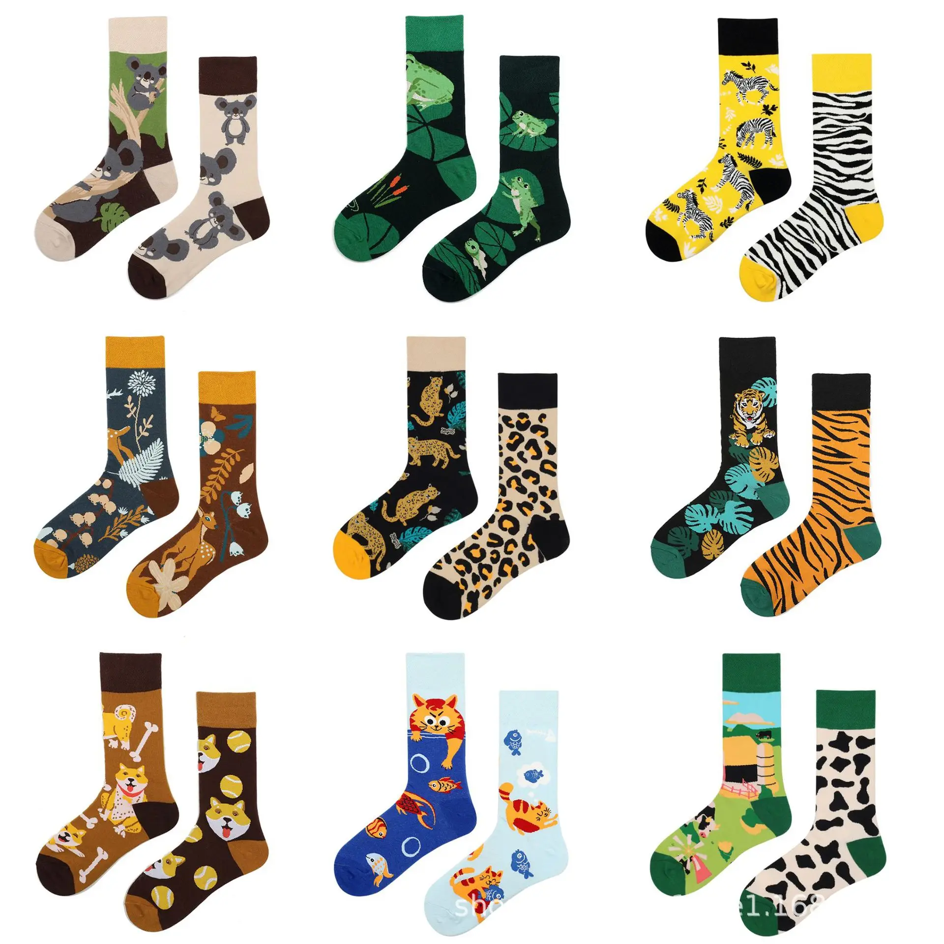 

New Animal Pattern Puppy Cat AB Asymmetric Mandarin Duck Trendy Socks Medium Long Tube Cotton Lovers Socks