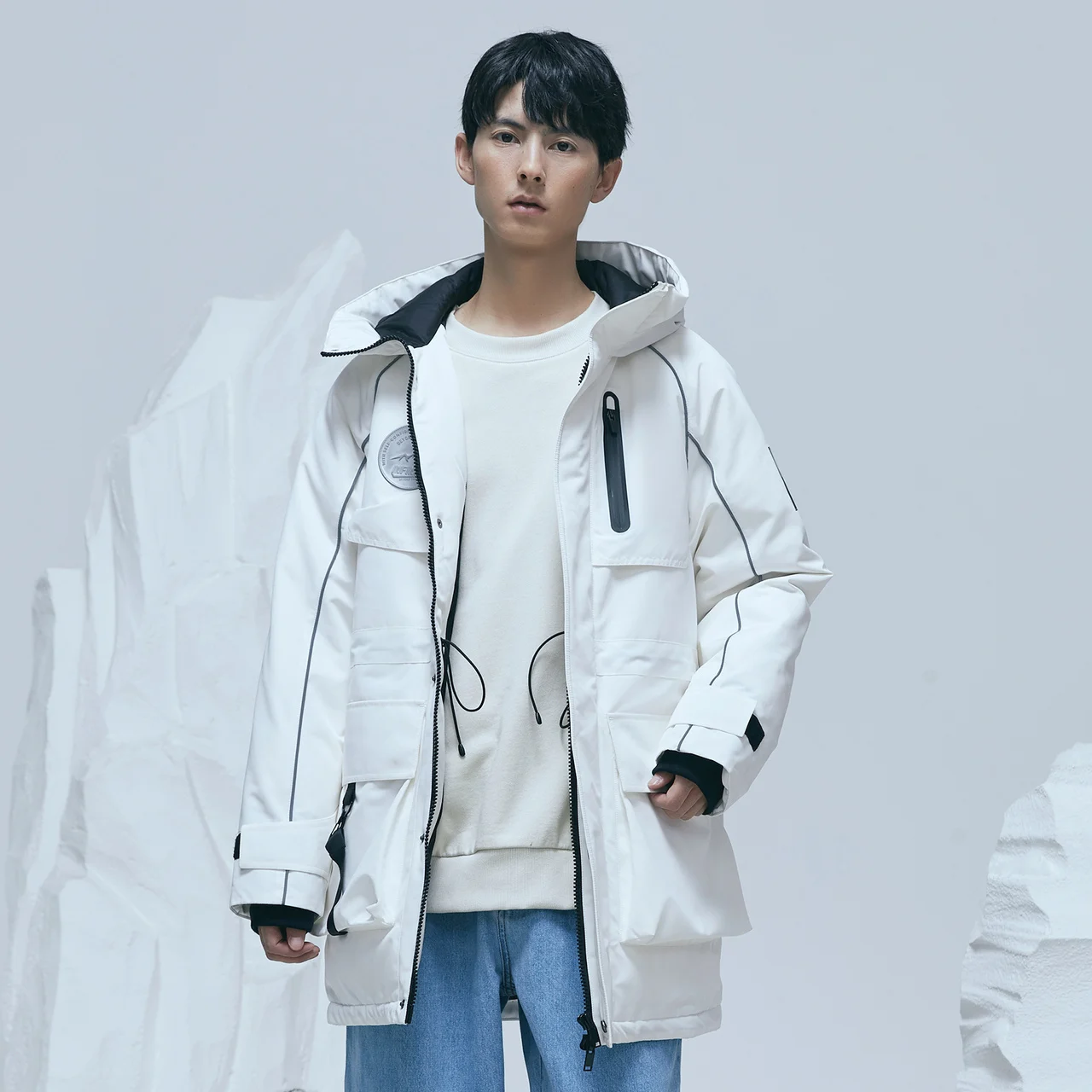 Metersbonwe Long Down Jacket Winter Men Fur Collar Hooded Thick Winter Down Coat  Reflective Stripe Pocket Red Outerwear Warm