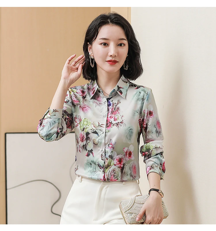 Женская винтажная атласная рубашка с цветочным принтом повседневная роскошная
