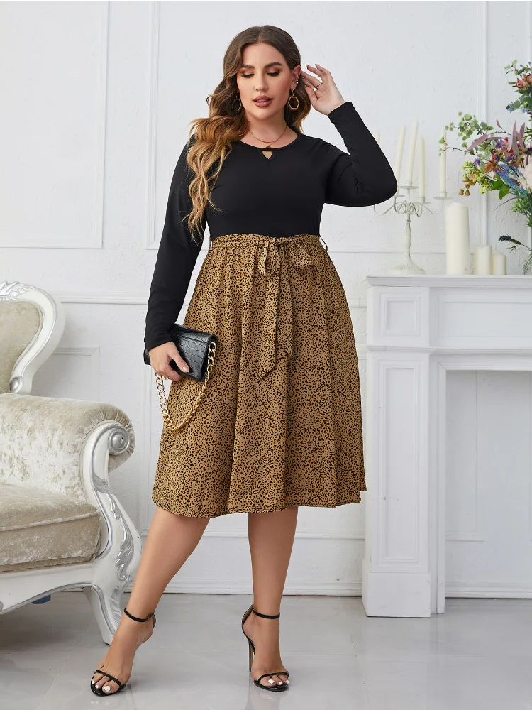 Fashion Leopard print plus size loose long-sleeved women party dresses