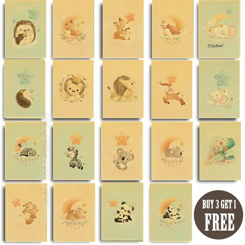

Vintage Kids Room Posters Animals With Moon And Star Prints Baby Wall Art Pictures Decor Nursery Kidsroom Kraft Painting