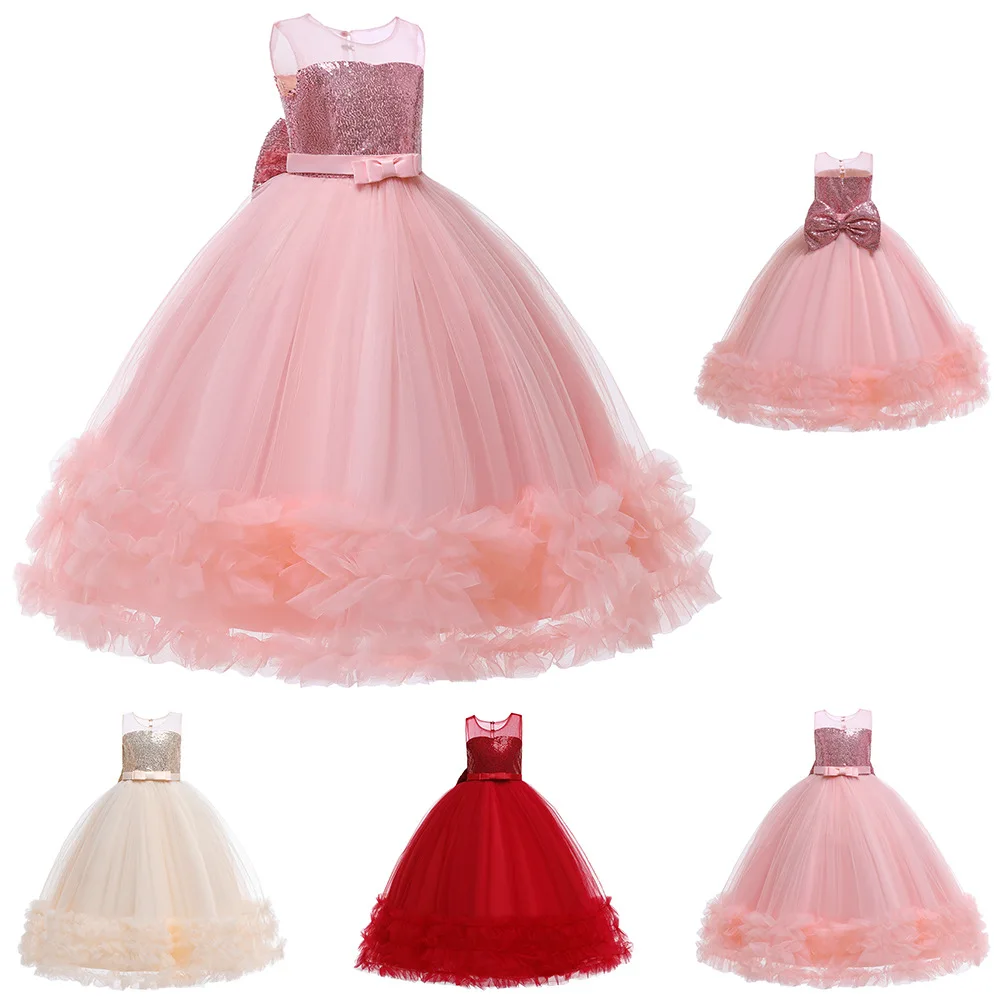 Flower Girl Dress Kids Wedding Long Embroidered Mesh Princess Puffy Sleeveless Sequined Gauze Skirt |