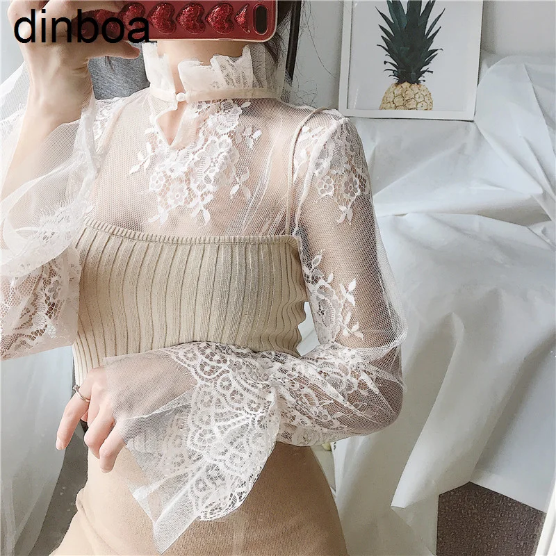 

Gowyimmes Spring Sweety Girl Floral Lace Shirt Sexy Women Hollow Out Mesh Blouse Lady Long Sleeve Blusas Basic Tops Pullover 228