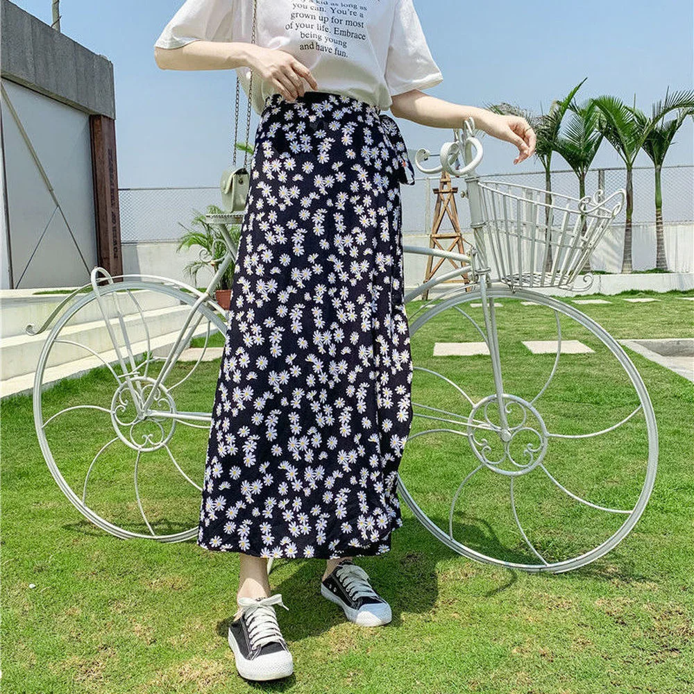 

Chiffon Boho Vintage Print Floral Bohemian Skirt Women Elegant Chic Asymmetrical Ruffles Long Skirt High Waist A-line Skirts