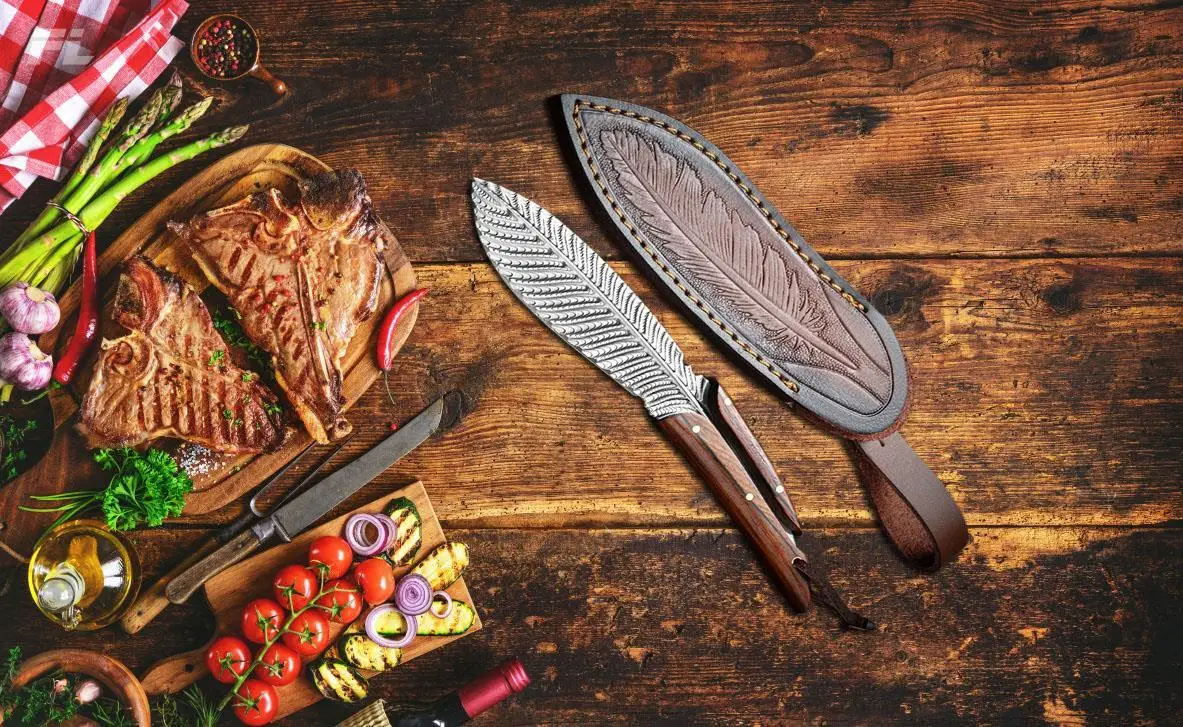 

Damascus bone blade Multicolored feather pattern outdoor knife Jungle adventure straight knife Collection Gift knife set