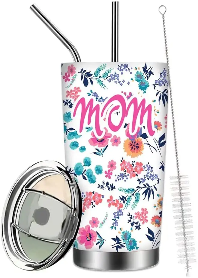 

Mom Tumbler with Straw and Lid, Mothers Day Gifts for Mom from Daughter Son, Floral Insulated Tumbler, Mom Birthday Gifts 20 Oz