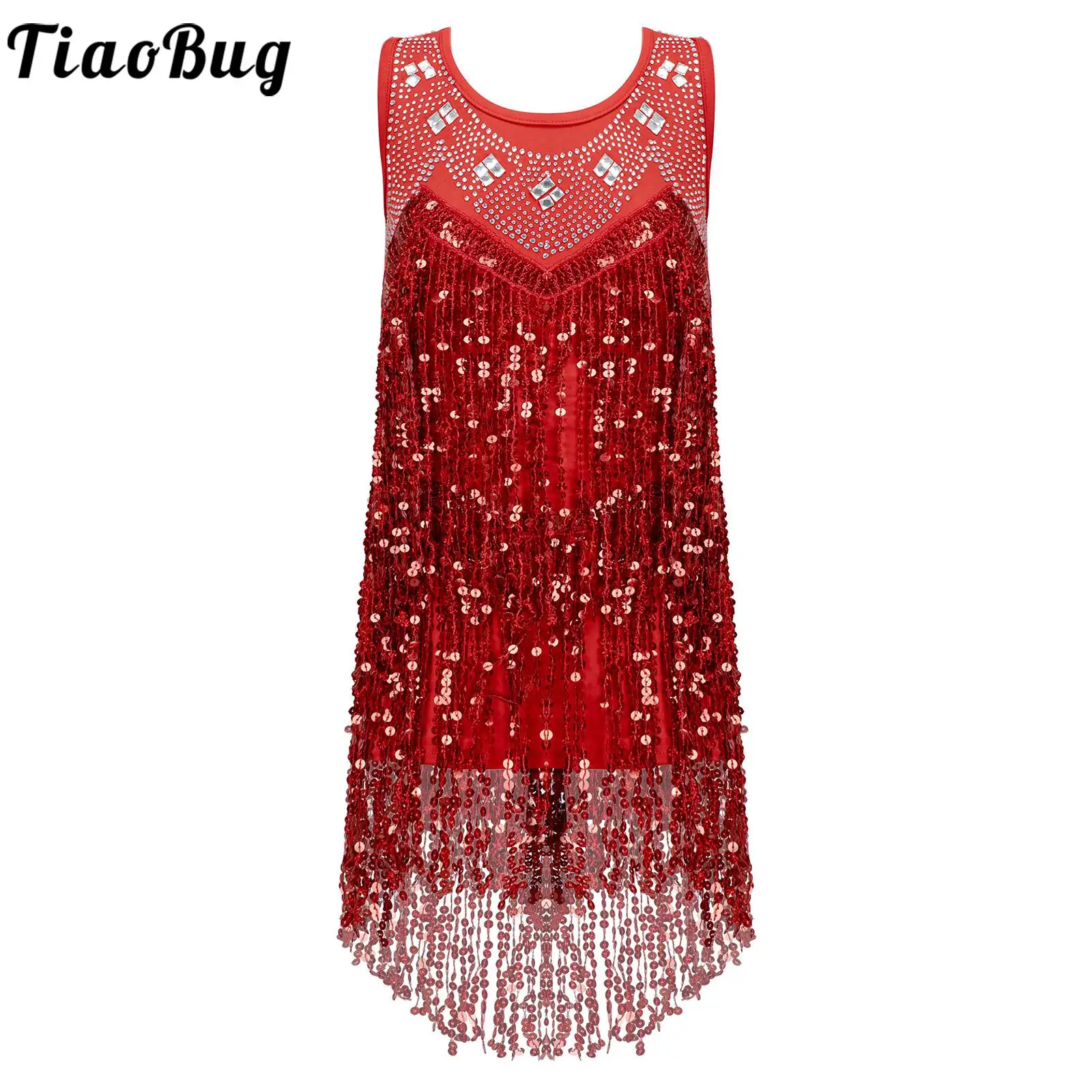 

Kids Girls Stage Performance Wear Stylish Clothing Sleeveless Round Neck Shiny Rhinestone Sequins Tassel Decor Latin Dance Dress