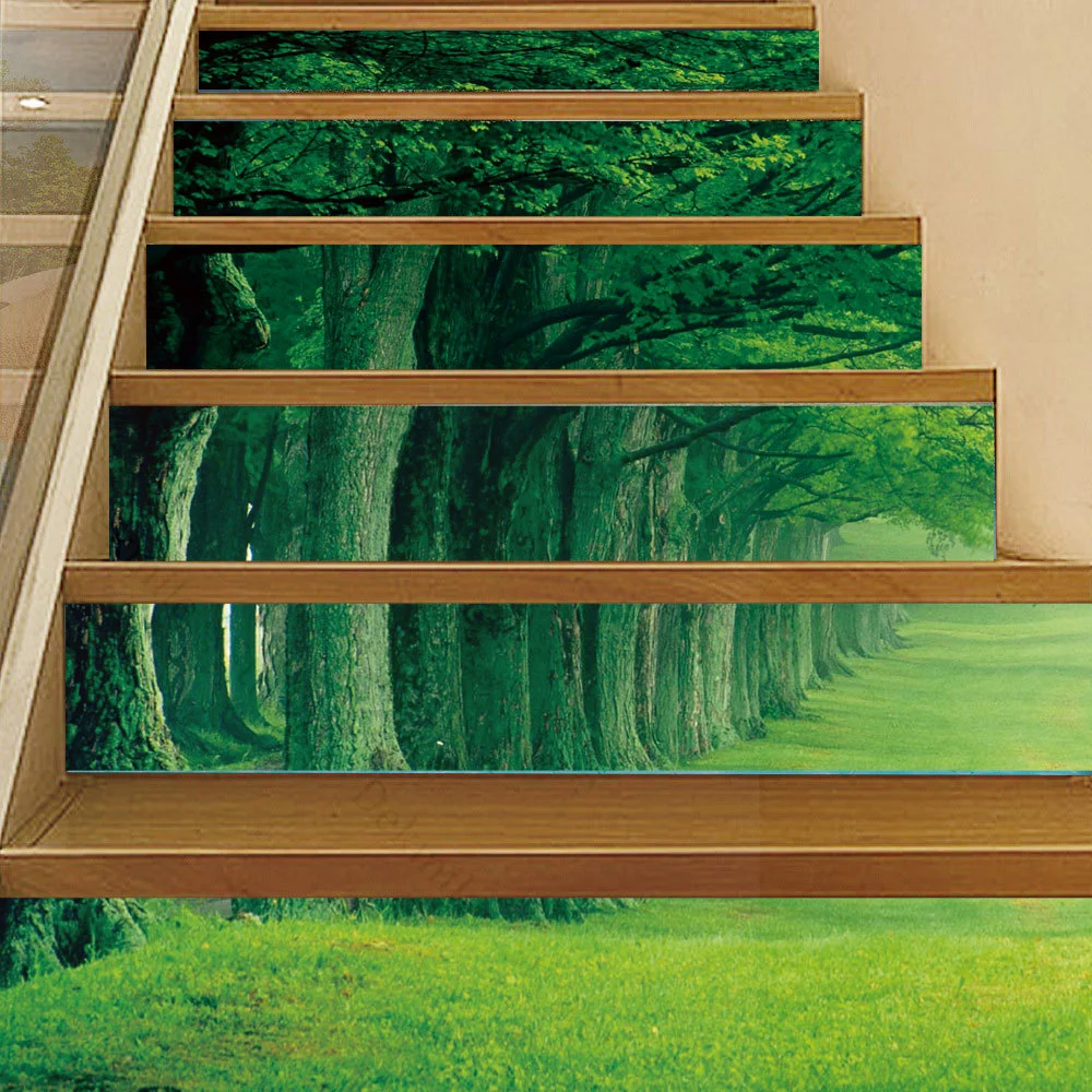

Green Grass Path Stair Stickers Tree-lined Trail Self-Adhesive Staircase Riser Decals Natural Forest Road Stairway Murals Decor