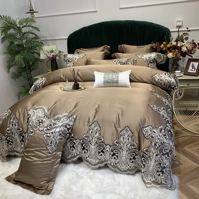 

New Luxury Brown Purple Egyptian Cotton Lace Edge Bedding Set Satin Silky Duvet Cover Bed Sheet Or Bedspread Pillowcase 4/7Pcs