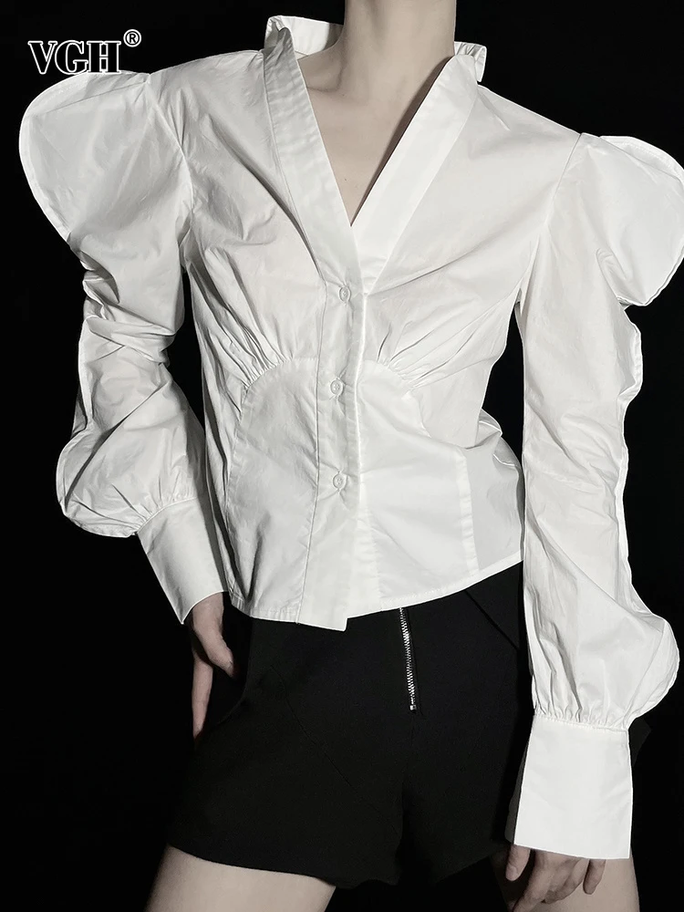 

Женская однобортная блузка VGH, Минималистичная Блузка с V-образным вырезом и пышными рукавами, однотонная Модная рубашка в стиле пэчворк, ле...