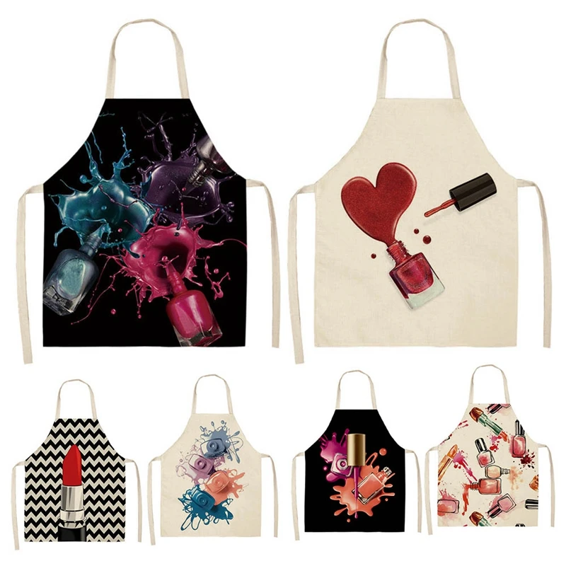 

2Pcs Nail Polish Lipstick Kitchen Cotton Linen Aprons Bibs Household Cleaning Pinafore For Women Home Cooking Picnic