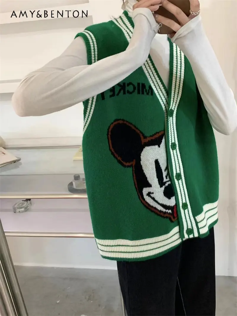 

Sleeveless V-neck New Trend Cartoon Color Matching Sweater for Female Loose Knitted Cardigan Age-Reducing Vest for Ladies