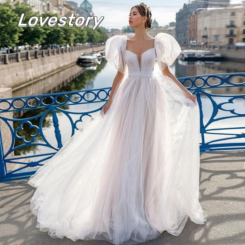 

Romantic Shiny A-Line Wedding Dresses Court Train Corset Back Boho Sweetheart Shiny Bridal Gown Lantern Sleeves Vestido De Noiva