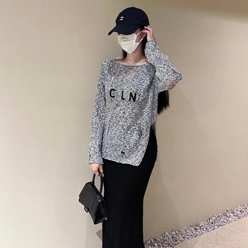 

2023 Early Autumn New Sweater Diamond Letter Irregular Broken Hole Casual Loose Round Neck Long Sleeve Knitting Pullover Sweater