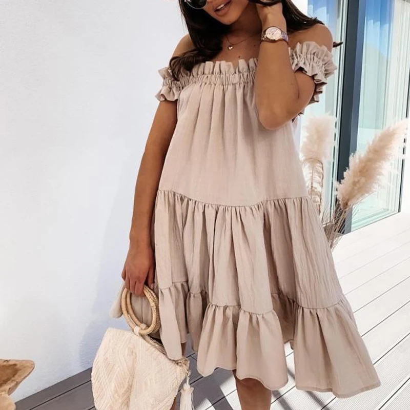 

2022 Summer Slash Neck Ruffle Party Dress Women Casual Elegant Loose Mini Dress Ladies Solid Color Short Pleated Dresses Vestid
