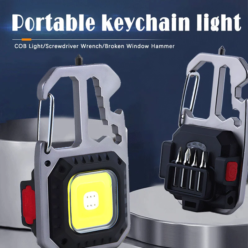 

Mini LED Flashlight Work Light Outdoor Camping Light COB Keychain Light Portable Pocket Wrench Screwdriver Safety Hammer