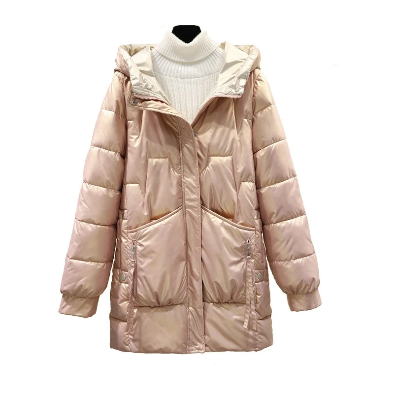 Winter Jacket Women 2022 Glossy Hooded Loose Solid Thicken Warm Long Top Padded Ladies Down Cotton Coat Parkas Famale Clothing
