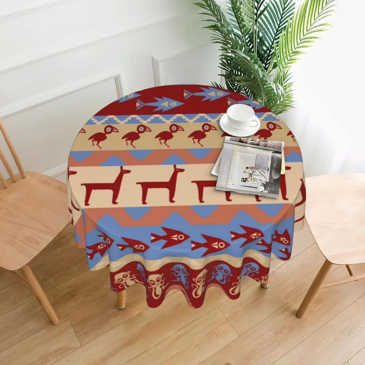 

Inca Animals Fish And Birds Pattern Tablecloth Desk Cover Polyester Decorative Dustproof Round Manteles for Home Decor