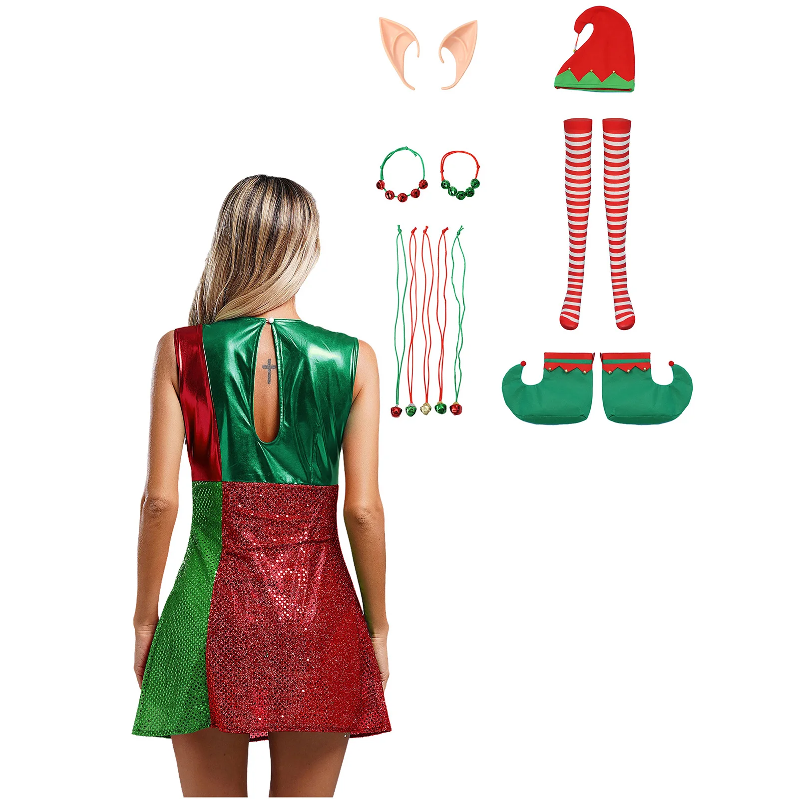 7 шт. женский рождественский костюм платье без рукавов с блестками и бантом шляпа