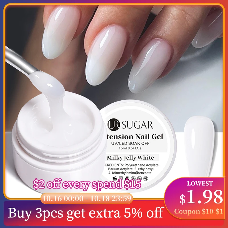 UR SUGAR Milky White Clear Pink Color 15ml Jelly Extension Nail Gel Polish Soak Off UV LED Gel Varnish Manicure Tips Tools