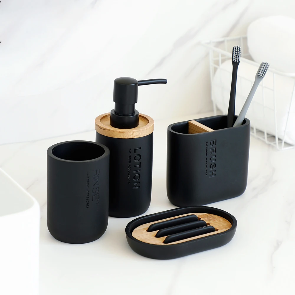 

Black Bathroom Accessories Set Resin and Wood Soap Lotion Dispenser Toothbrush Holder Soap Dish Tumbler Pump Bottle Cup