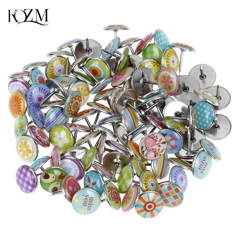 

100pcs Fruits Flowers Colored Metal Push Pins Assorted Paper Map Cork Board Capped Fixing Thumbtack Pin Office School Supplies
