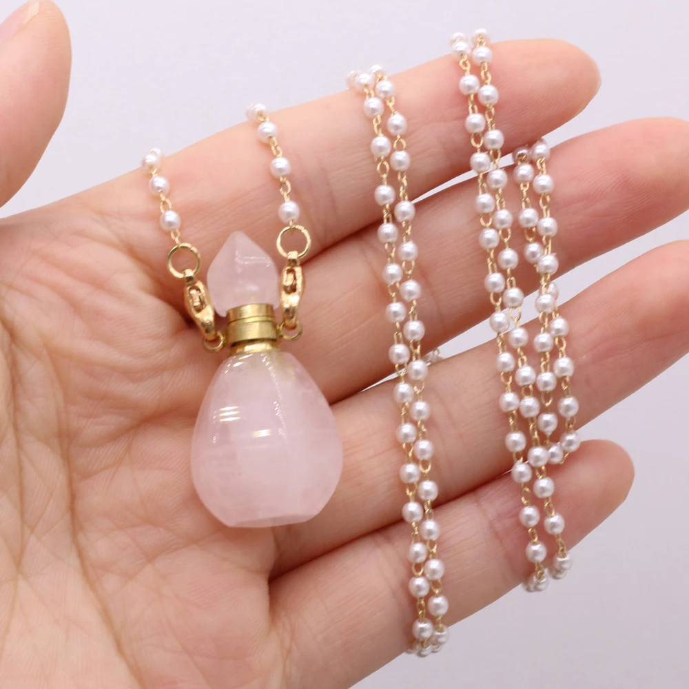 

Natural Stone Pink Crystal Rose Quartz Perfume Bottle Pendant Pearl Chain Necklace for Women Reiki Healing Love Wedding Jewelry