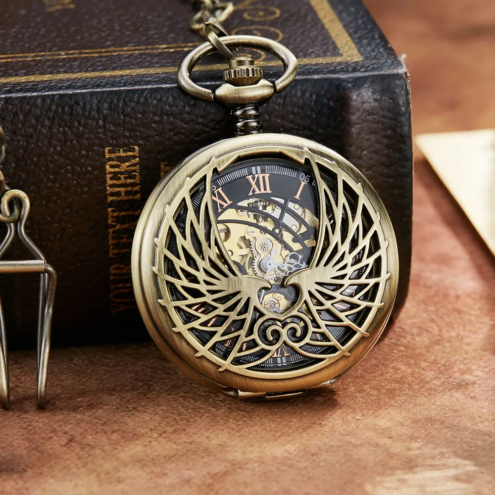 Vintage Angel Double Wings Black Mehanical Pocket Watch FOB Chain Hollow Skeleton Hand Wind Mechanical Mens Womens Watch