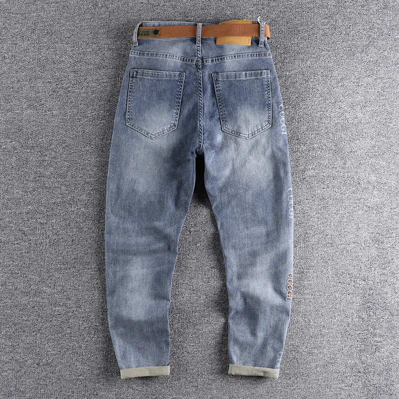 European spring and summer new embroidered letter jeans men's slim fit small feet washed old blue retro trend Capris