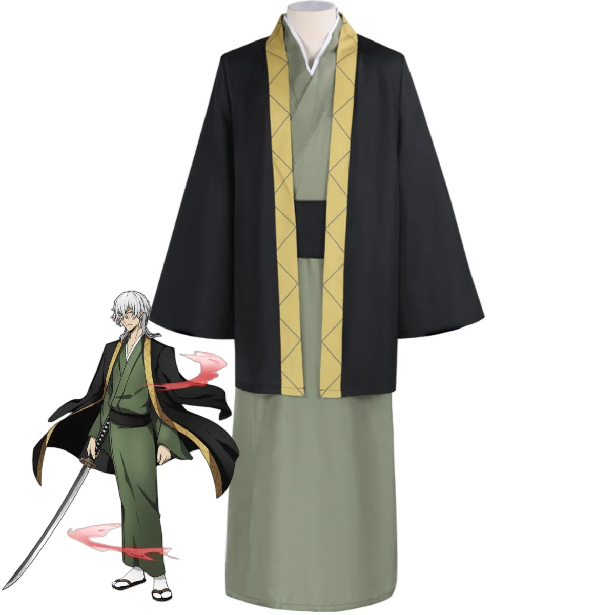 Фото XQAnime Bungo Stray Dogs Fukuzawa Yukichi Косплей Костюм Член детективного агентства Японское кимоно Плащ Парик Человек Костюм на Хэллоуин №2