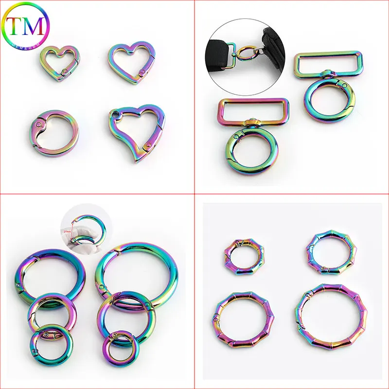 10-50Pcs Rainbow Metal O Ring Round Heart Shape Snap Hook Swivel Buckle Opening Spring Coil Bamboo Buckle Diy Hardware Accessory