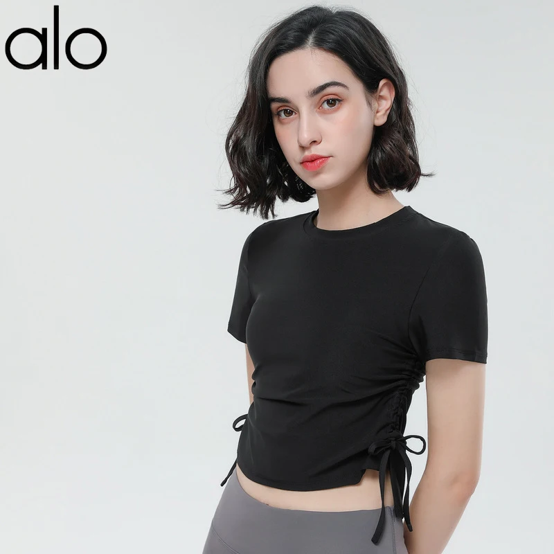 

Alo Yoga Ladies Slim Drawstring Short Sleeve Sports Tee For Fitness Women Quick Dry Workout Gym Crop Top Black T-Shirts Female