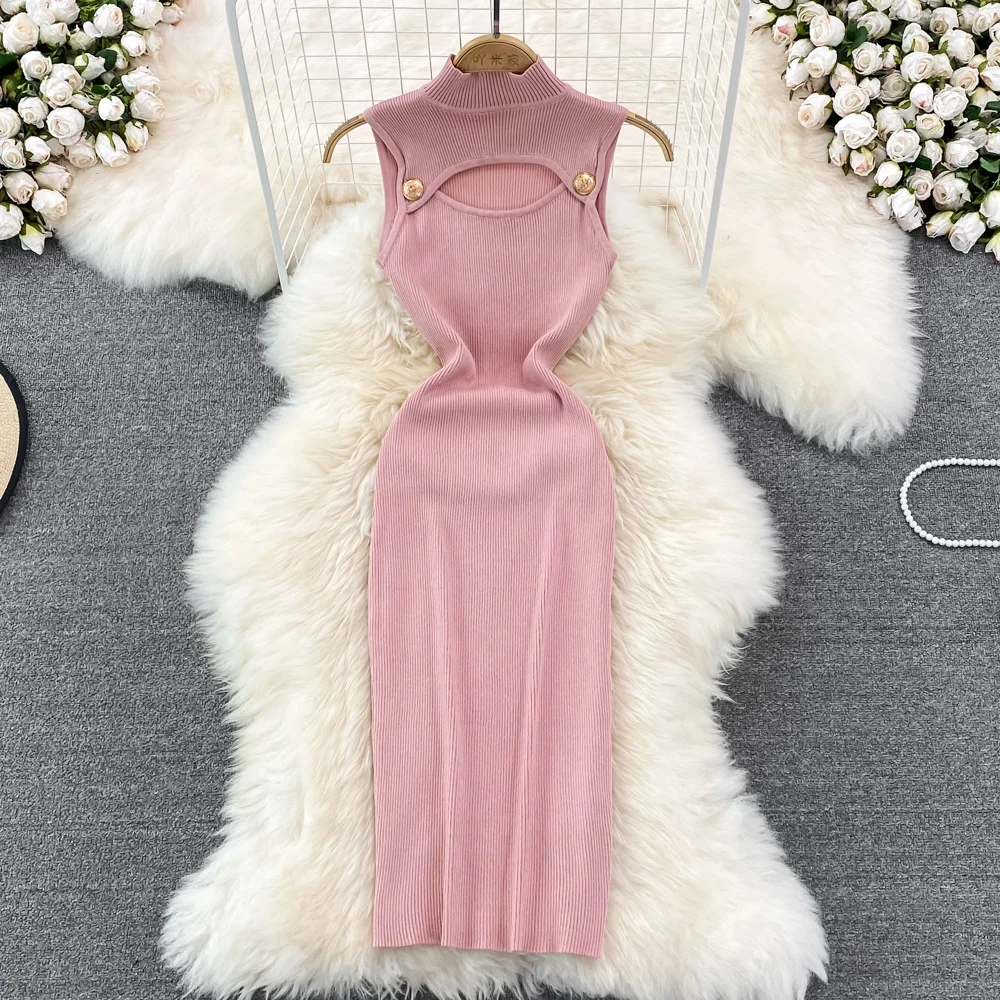 

2022 Summer Fashion Stand Collar Chest Hollow Out Elastic Knit Tight Dress Women's Show Thin Midi Long Sleeveless Knitted Dress
