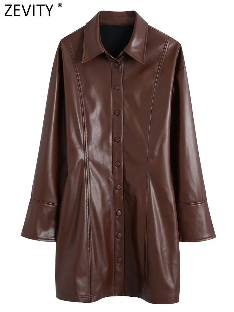 

Новинка, женское модное однобортное платье Zevity из искусственной кожи в стиле пэчворк, Облегающая рубашка, офисное женское шикарное платье с...