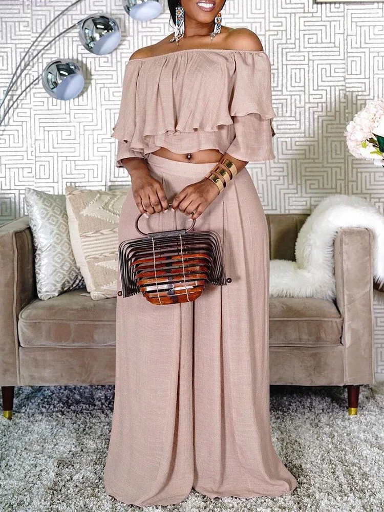 Plus Size 2 Piece Set for Women Clothing Sexy Off Shoulder Ruffles Crop Top Casual Elegant Wide Leg Long Pants Fashion Outfits