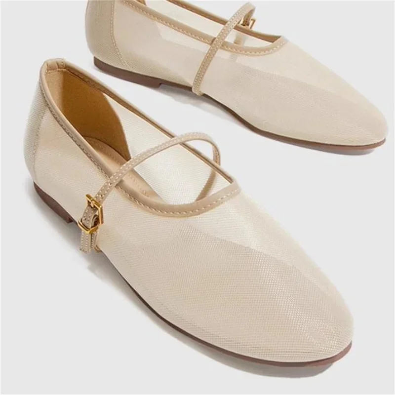 Женские сетчатые туфли круглый носок плоский каблук пряжка балетки закрытые с