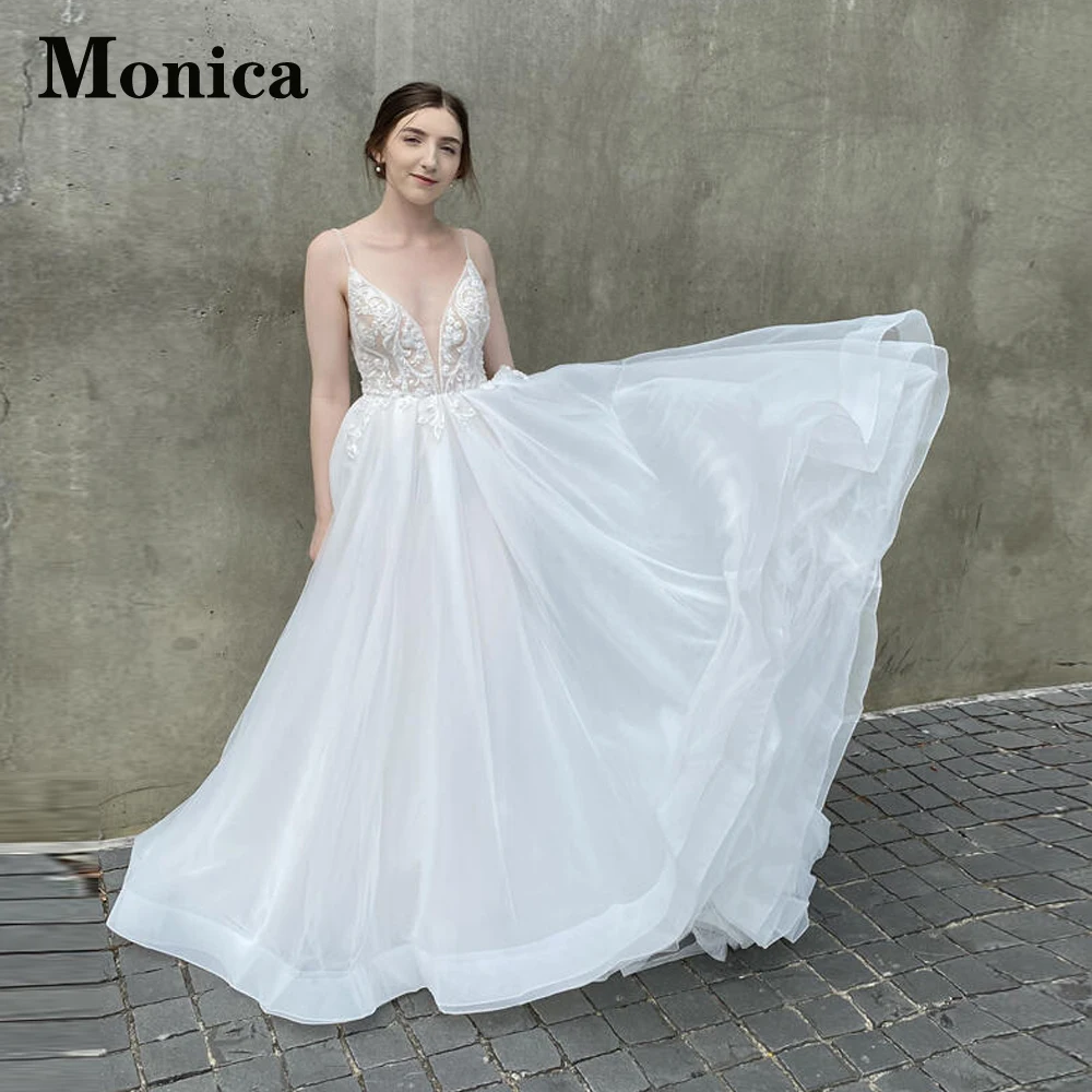 

MONICA Charming A-LINE Wedding Dresses For Bride Deep V-Neck Backless Lace Appliques Spaghetti Straps Court Train Customised