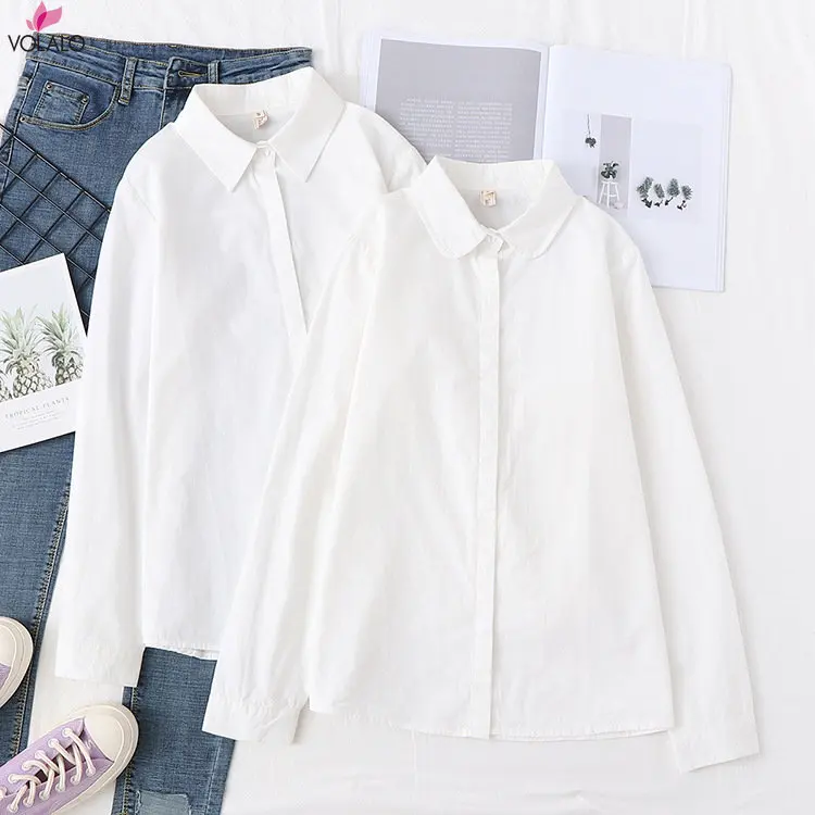 

VOLALO Shirts Women Lantern Sleeve Loose Turn-down Collar Simple Solid Feminino Blouses Minority Korean Style Autumn Summer