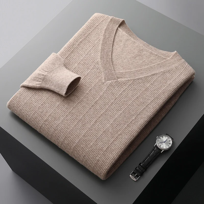 100% Pure Wool Cashmere Sweater Men V-Neck Pullover Casual Knitted Jacquard Sweater Autumn and Winter New Warm Cashmere Sweater
