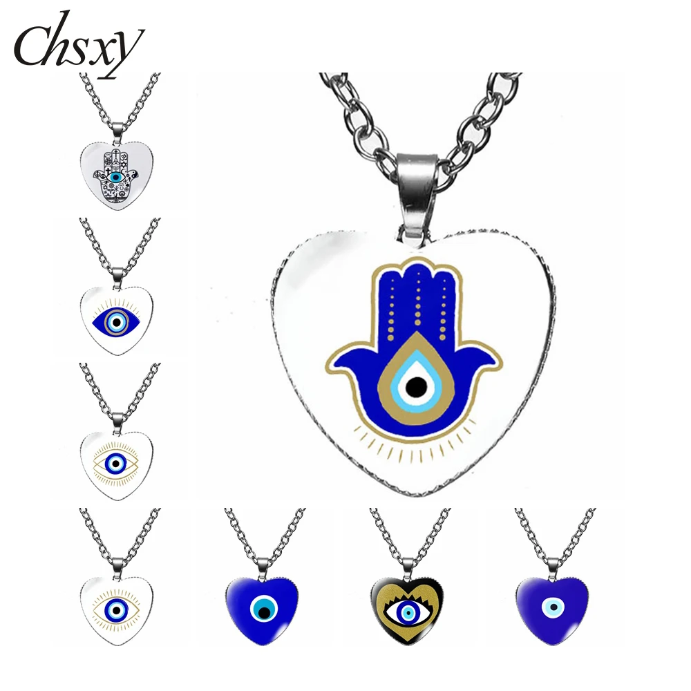 

Blue Turkish Evil Eye Necklace Amulet Evil Nazar Eye Charm Glass Cabochon Base Heart Chains Unisex Fashion Lucky Jewelry Gifts