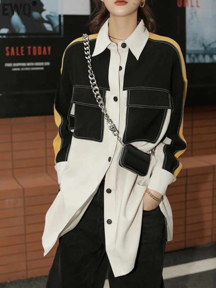 

Women Patchwork Contrast Color Turn-down Collar Pocket Long Sleeve Blouse 2022 Summer Fashion Clothing Big Size Shirt G356
