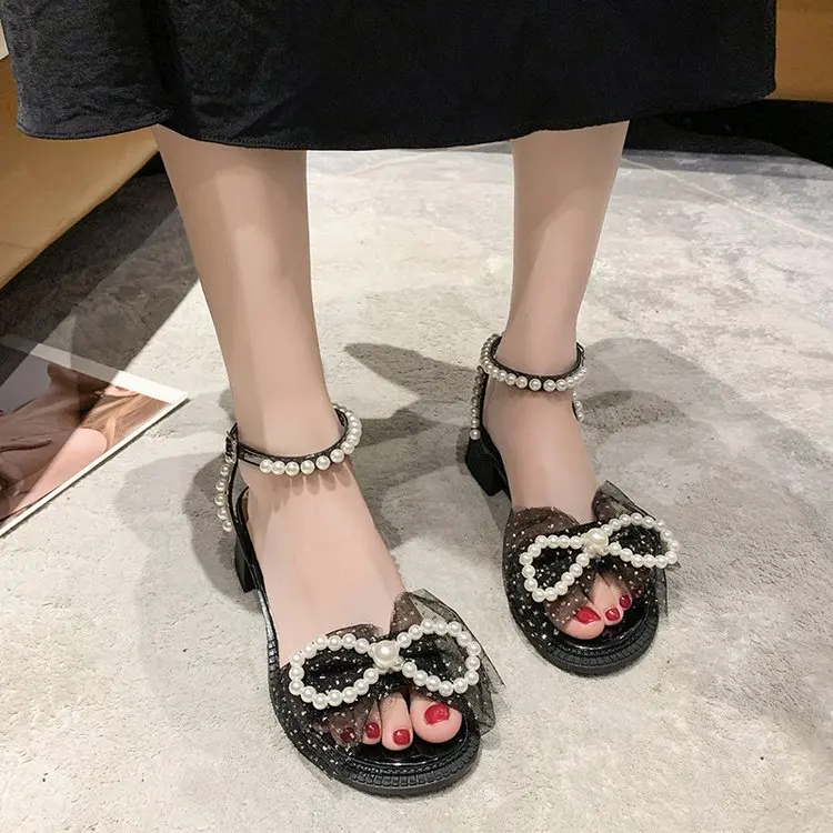 

Сандалии женские с жемчужным бантом, повседневные босоножки в римском стиле, пляжная обувь на высоком массивном каблуке, с ремешком вокруг ...