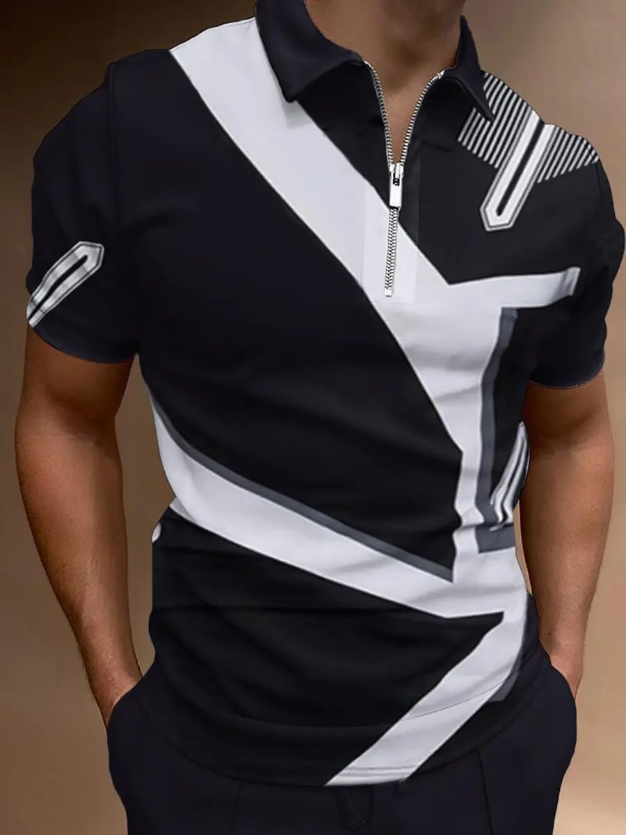 Купи 2021 New Men Polo Shirts Summer High Quality Casual Daily Short Sleeve Striped Mens Shirts Turn-Down Collar Zippers TEES Men за 396 рублей в магазине AliExpress