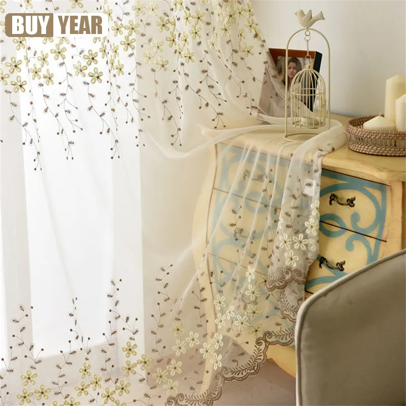 

Embroidered Flower White Tulle Curtains for Living Room Beige Sheer Curtains for Bedroom Finished Voile Curtain Drapes