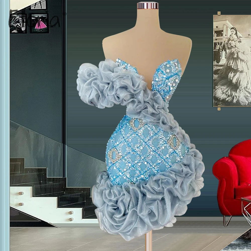 

Blue Floral Short Prom Gowns Ruffles Mermaid Sweetheart Party Dress Luxury Beading Tassel Sleeveless Bodycon Robe De Soirée