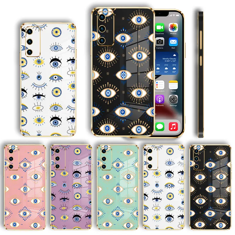 Blue and Gold Evil Eye Soft Plating Case For Samsung Galaxy S22 S21 S20 FE Ultra S10 Plus Note 20Ultra 10Lite M62 M53 M32