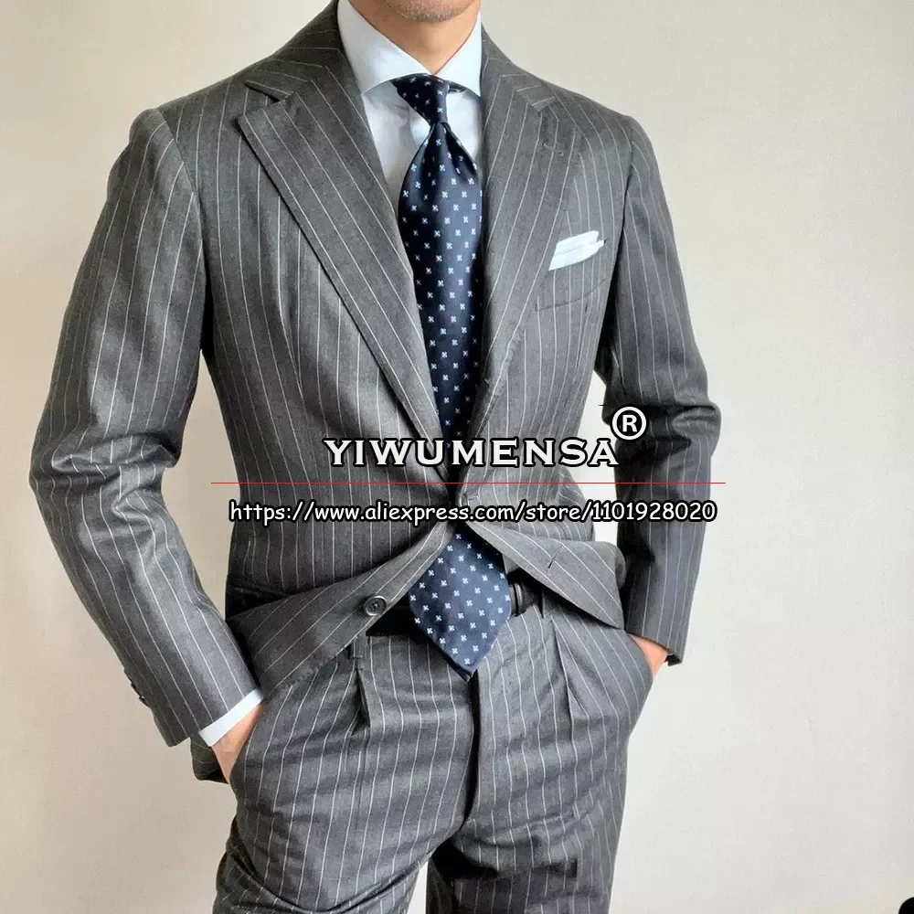 

NEW IN Tailored Made Suits Men Grey Pinstripe Single Breasted Jacket Pants 2 Pieces Business Man Clothing Stripe Blazers Grooms