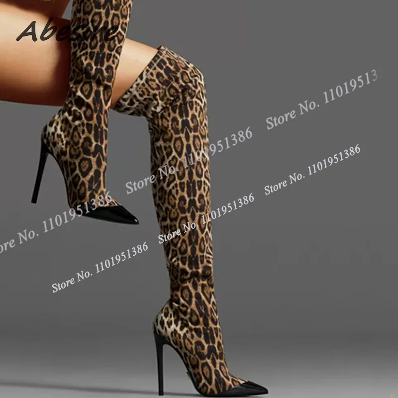 Abesire Elastic Band Leopard Boots Over the Knee Pointed Toe Stiletto Shoes for Women Thin High Heels Winter Zapatillas Mujer