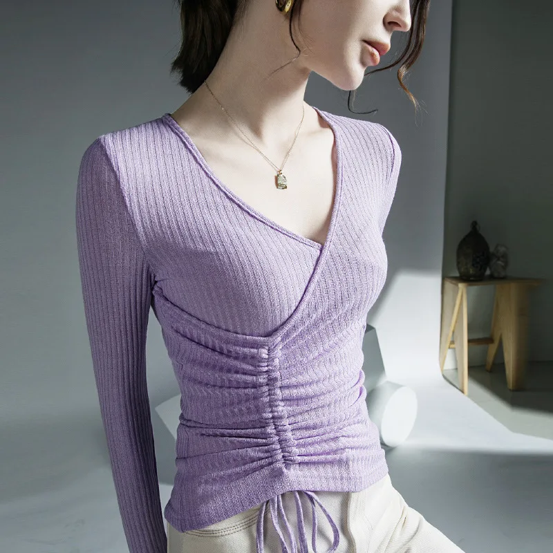 

High Quality 2023 Women T-shirt Drawstring Design Female Autumn Sexy Crop Top Clothes Casual Fashion Blouses Grace Meeting