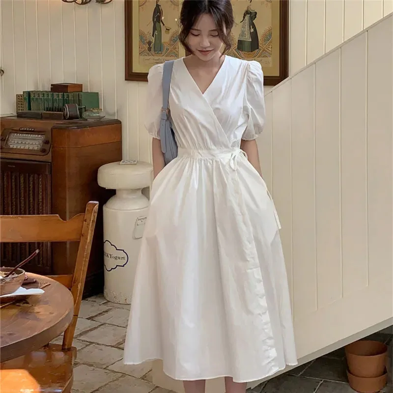 

Korean Style White Dresses Women Elegant Puff Sleeve V-Neck Midi Dress Female Fashion Lace Up Streetwear Maxi Dress Streetwear